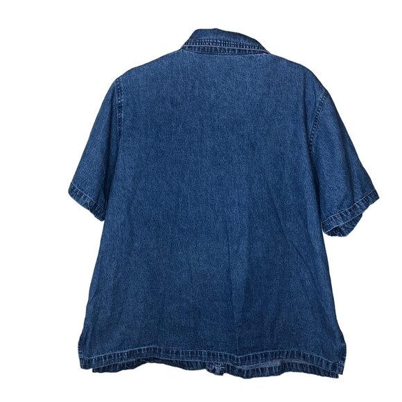 Vintage Denim Button-Up Shirt Embroidered Floral Hem Short Sleeves Size 22W  3X - Picture 2 of 11